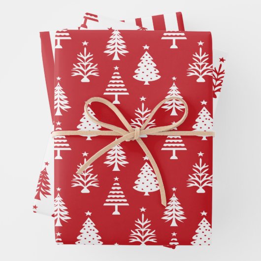 Festive Red and White Christmas Tree Pattern Inpakpapier Vel (In situ)