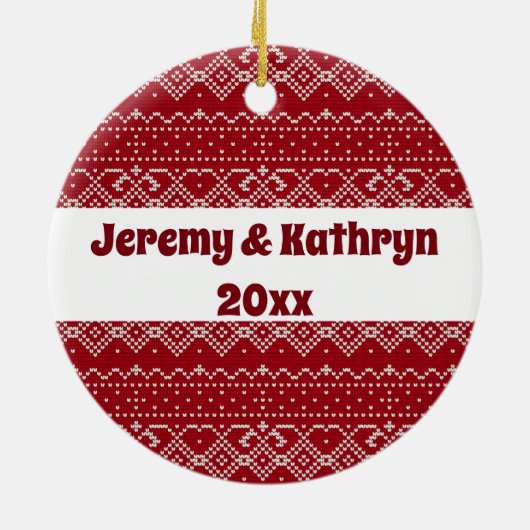 Festive Red and White Scandinavian Knit Pattern Keramisch Ornament (Achterkant)