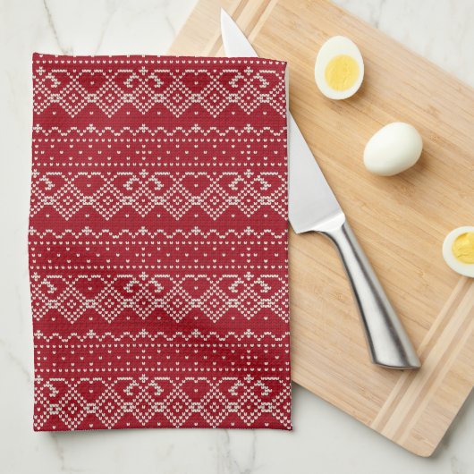Festive Red and White Scandinavian Knit Pattern Theedoek (Quarter Fold)