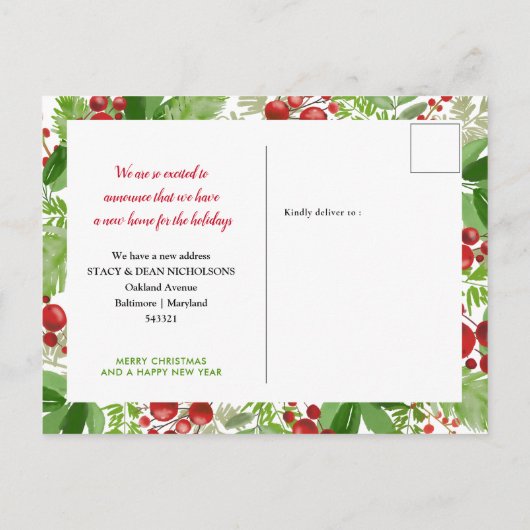 Festive Red Berry New Home | We hebben ons verplaa Aankondigingskaart (Achterkant)