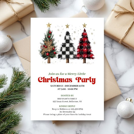 Festive red black buffalo Christmas tree invites Kaart
