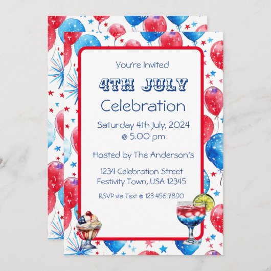 Festive Red Blue Balloons 4th July Invitation Card (Devant / Derrière)