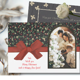 Festive Red Bow & Floral Flat Holiday Card Feestdagenkaart