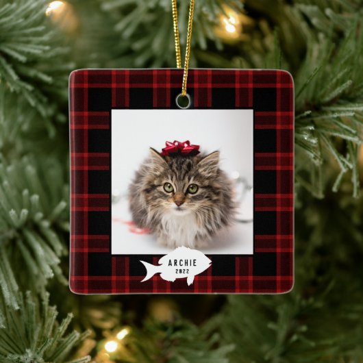 Festive Red Buffalo Pset Cat Name Kerstmis Keramisch Ornament (Boom)