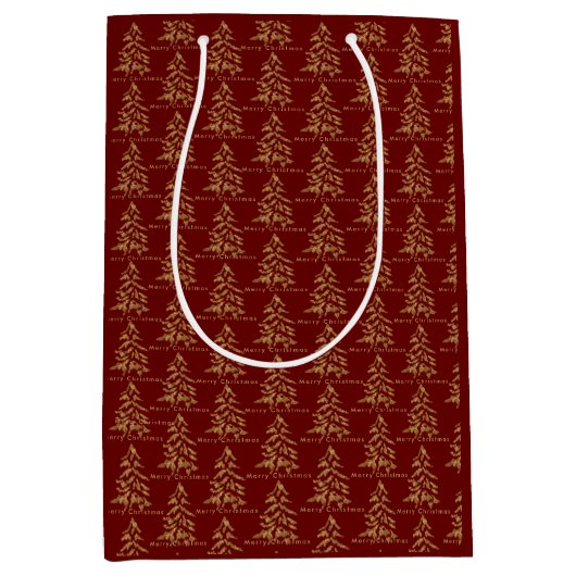Festive Red Burgundy Gold Trees Merry Kerstmis Medium Cadeauzakje (Voorkant)