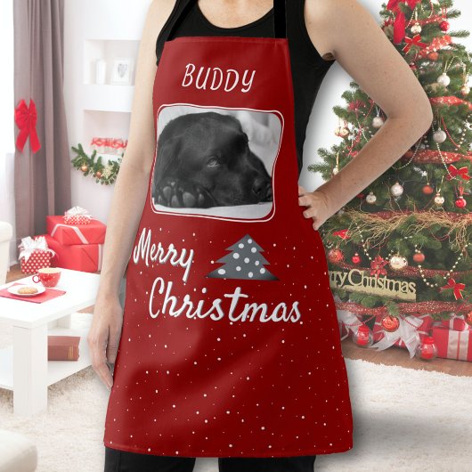 Festive Red Dog Pet met kerstboomstructuur Foto Schort