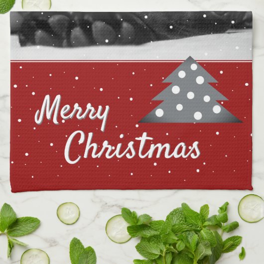 Festive Red Dog Pet Photo Tree kerst Theedoek (Gevouwen)