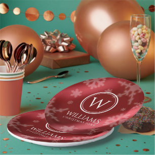Festive Red Folie Snowflakes Monogram Naam Papieren Bordje