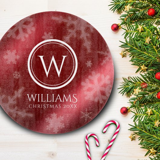 Festive Red Folie Snowflakes Monogram Naam Snijplank