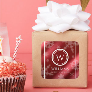 Festive Red Folie Snowflakes Monogram Naam Vierkante Sticker