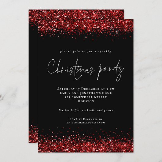 Festive Red Glitter Script Kerstparty Black Kaart (Voorkant / Achterkant)