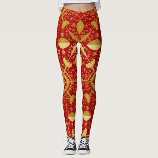 Festive Red & Gold Kerstmis Leggings (Voorkant)