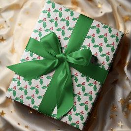 Festive Red Green Holly Leaves Berries Holiday Cadeaupapier
