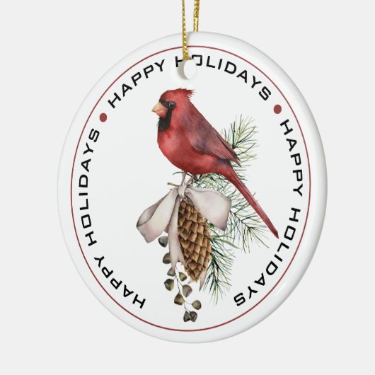 Festive Red Kardinaal met pinnekloon Prettige fees Keramisch Ornament (Links)
