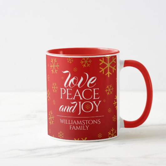 Festive Red Love, Peace and Joy with Snowflakes Mok (Rechts)