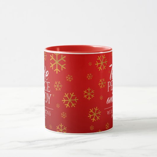Festive Red Love, Peace and Joy with Snowflakes Mok (Midden)