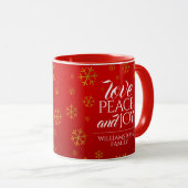 Festive Red Love, Peace and Joy with Snowflakes Mok (Voorkant rechts)