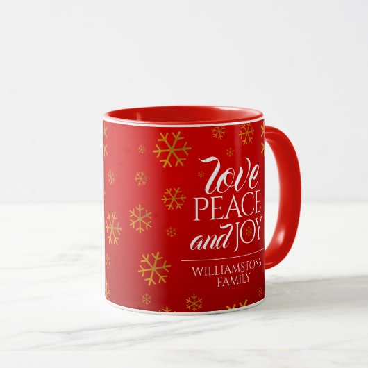 Festive Red Love, Peace and Joy with Snowflakes Mok (Voorkant rechts)