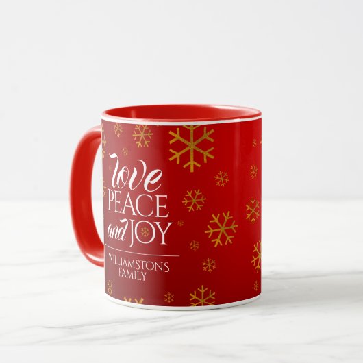 Festive Red Love, Peace and Joy with Snowflakes Mok (Voorkant links)