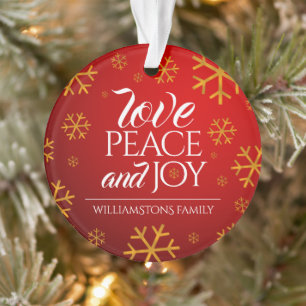Festive Red Love, Peace and Joy with Snowflakes Ornament