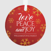Festive Red Love, Peace and Joy with Snowflakes Ornament (achterkant)