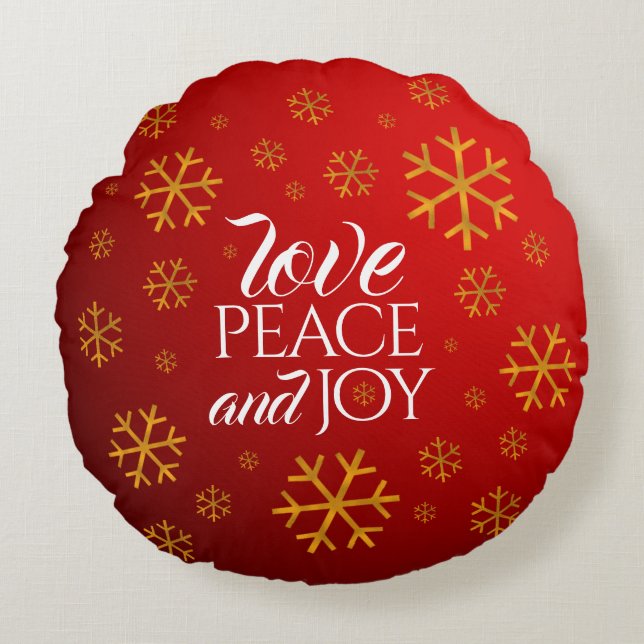 Festive Red Love, Peace and Joy with Snowflakes Rond Kussen (Voorkant)