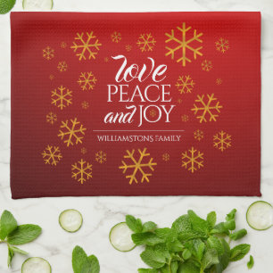 Festive Red Love, Peace and Joy with Snowflakes Theedoek