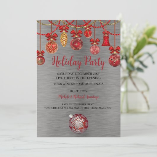 Festive Red Ornaments Fête Invitation (Debout devant)
