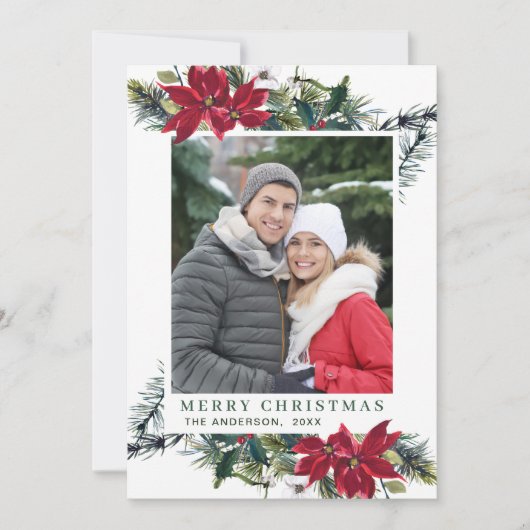 Festive Red Poinsettia Kerstmis 2 FOTO Feestdagenkaart (Voorkant)