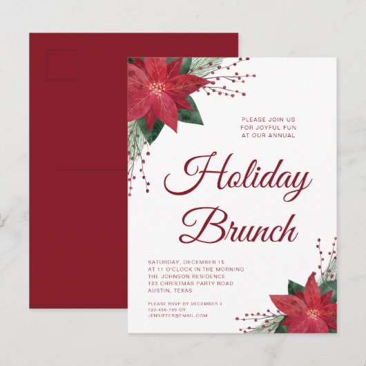 Festive Red Poinsettia Noël Brunch Invitation (Devant / Derrière)