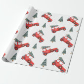Festive Red Retro Car & kerstboomstructuur Cadeaupapier (Uitgerold)