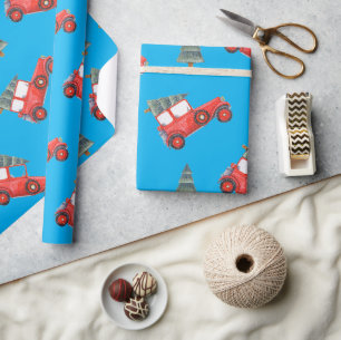 Festive Red Retro Car & kerstboomstructuur Cadeaupapier