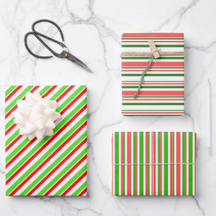 Festive Red, White, Green KerstStyle Stripes Inpakpapier Vel