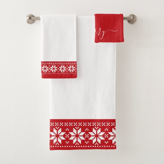 Festive Red White Scandinavian Pattern Kerstmis Bad Handdoek (Insitu)