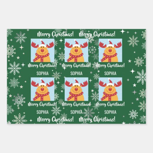 Festive Rudolph Reindeer Snow Personalized Xmas Inpakpapier Vel (Voorkant 3)