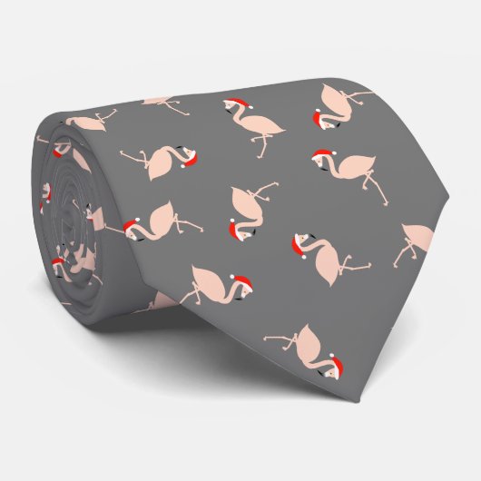 Festive Santa Flamingos Dark Grey Pattern Stropdas (Opgerold)