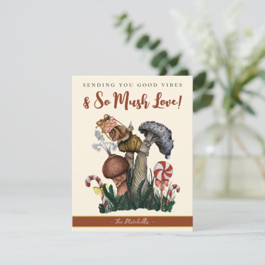 Festive Slak op paddenstoelen Good Vibes Kerstmis Feestdagenkaart (Staand voorkant)