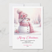 Festive snowy pink snowman kids greeting card edit feestdagenkaart (Voorkant)