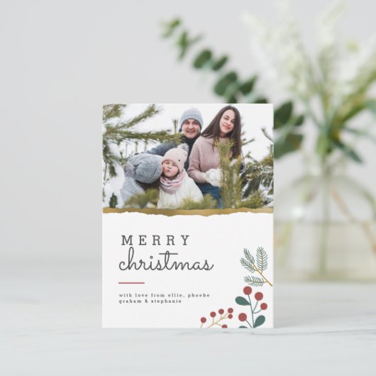 Festive Sprigs & Gold Rip | Kerstafoto Merry Briefkaart (Staand voorkant)