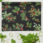 Festive Style Holly-Black Achtergrond Theedoek (Gevouwen)