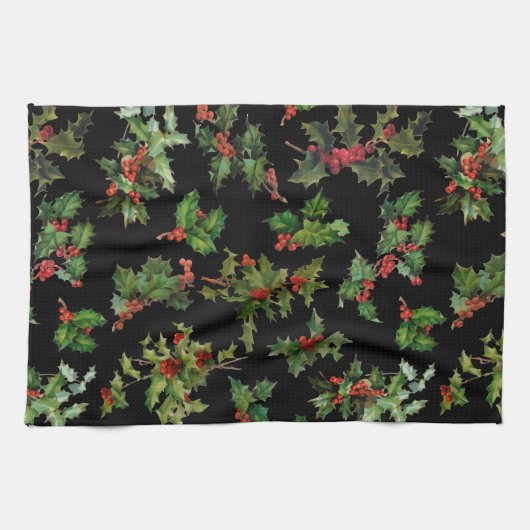 Festive Style Holly-Black Achtergrond Theedoek (Horizontaal)