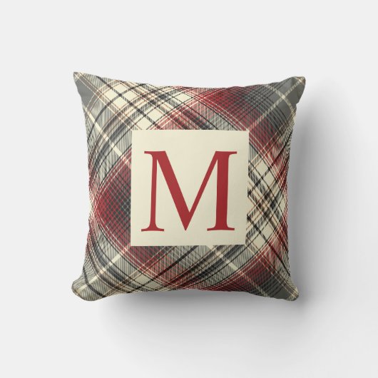 Festive Tartan Grey Red Monogram initiaal Kussen (Voorkant)