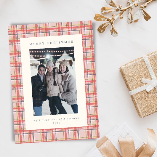 Festive Tartan Plaid Red Christmas Letter Photo Feestdagenkaart