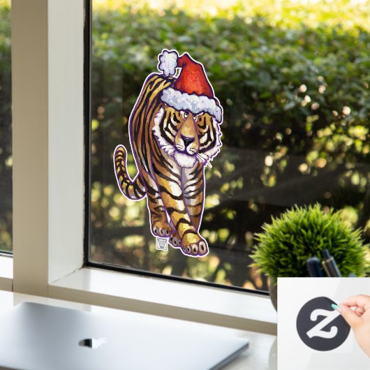 Festive tijger in een Santa Hat Window Cling Raamsticker (Kantoor)