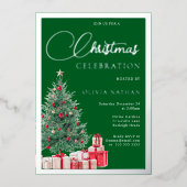 Festive Tree Christmas Party Green & Silver Folie Uitnodiging (Voorkant)