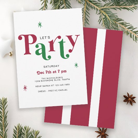 Festive Typography Let's Party Whimsical Holiday Kaart
