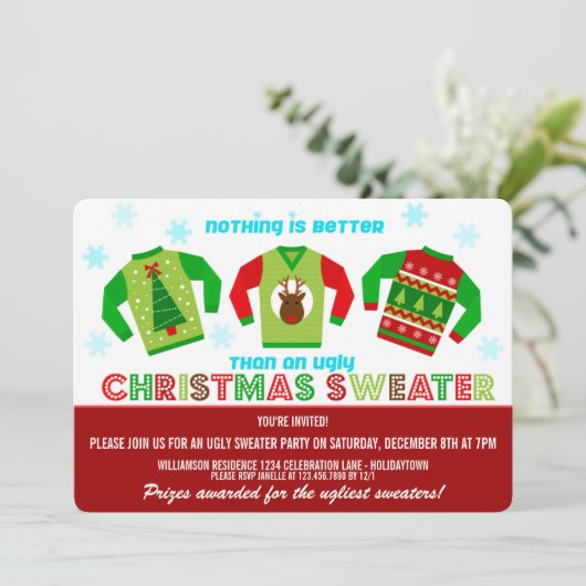 Festive Ugly KerstSweaters Party Invitation Kaart (Staand voorkant)