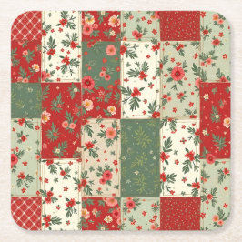 Festive Vintage Christmas Floral Quilt Pattern Vierkante Kartonnen Onderzetter