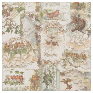 Festive Vintage Kerstmis Vogel en Bloem Ephemera Stof