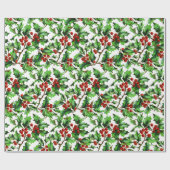 Festive Vintage-kerstrood Holly Berries Cadeaupapier (Vlak)